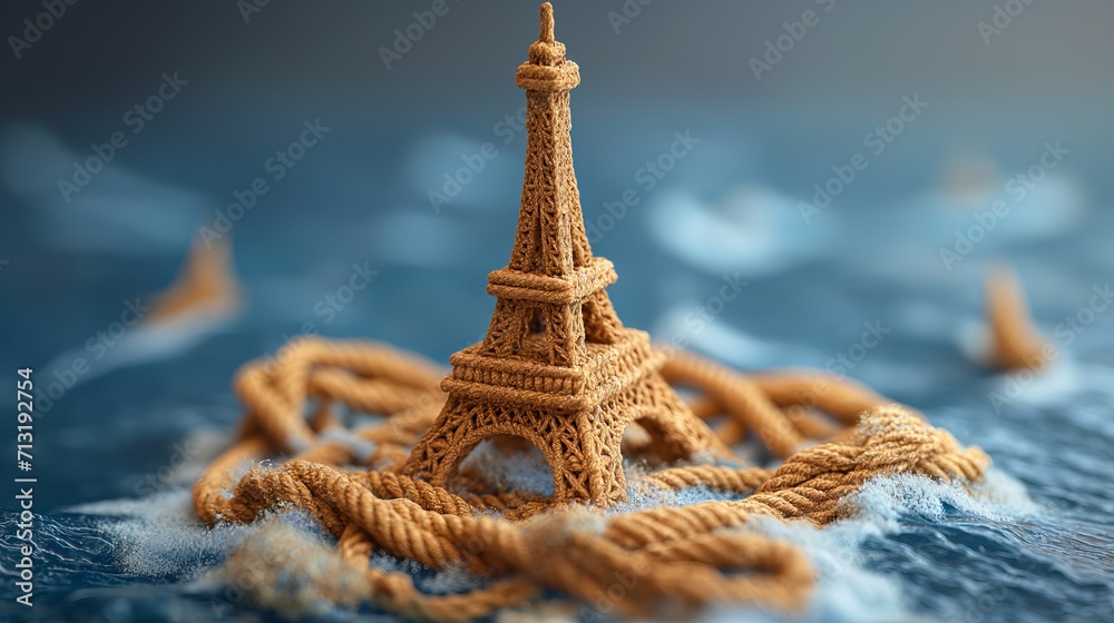 Sticker parisian eiffel tower made of rope close shot. generative ai