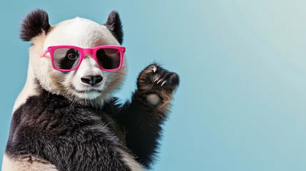 Zelfklevend Fotobehang A panda with glasses on a coloured background sits and points his finger upwards © Alina Zavhorodnii