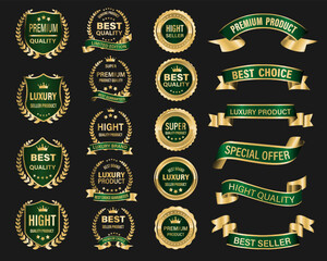 Golden green luxury premium quality label badges on grey background vector