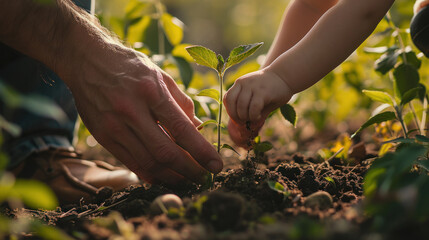 Naklejka na ściany i meble Close-up of the hands of a man and a child planting a young plant in the garden. Environmental awareness. Spring concept, nature conservation, ecology or care.