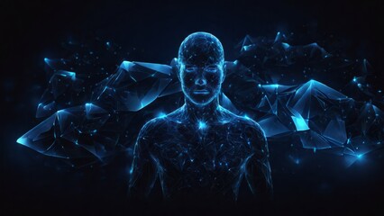 Futuristic polygonal 3d man made of glowing linear polygons in dark blue color. Abstract illustration for online business, it, network, support, services app concept. - obrazy, fototapety, plakaty