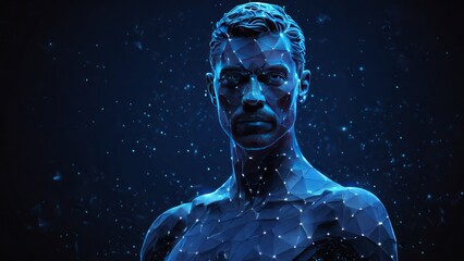 Futuristic polygonal 3d man made of glowing linear polygons in dark blue color. Abstract illustration for online business, it, network, support, services app concept.