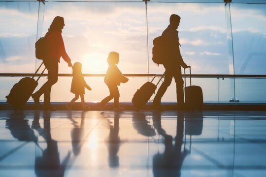 Family walking in airport terminal at sunset