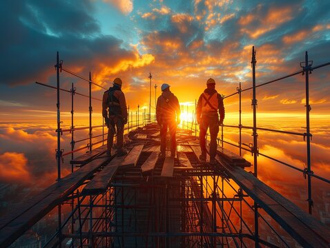 In the ongoing journey of construction, envision a moment where several workers, amidst the clatter, collaborate to set up scaffolding at the construction site, adding a significant chapter to their