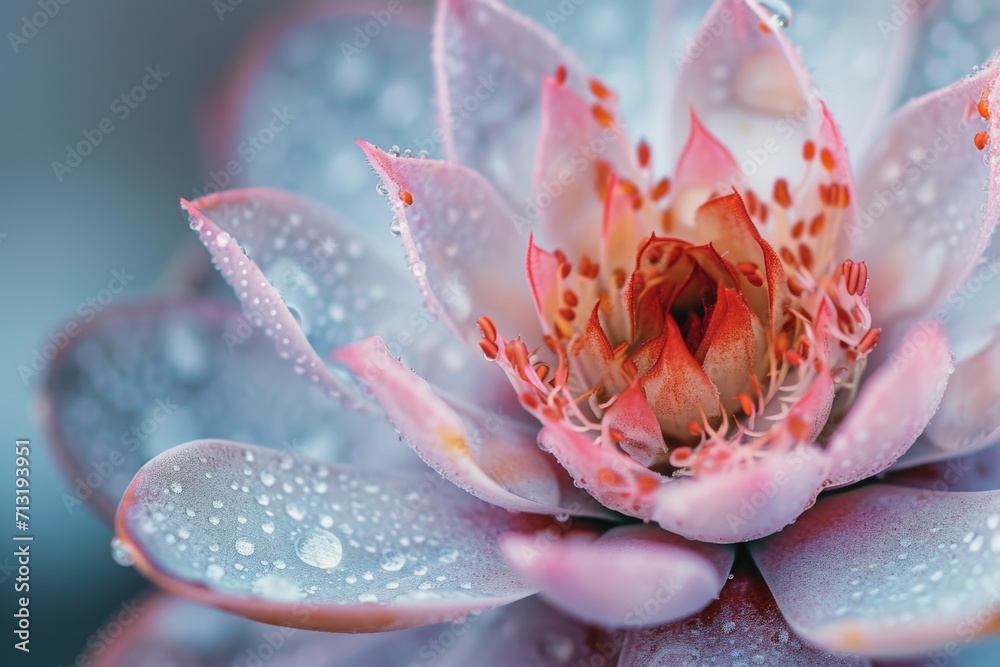 Poster A detailed view of a flower with glistening water droplets. Perfect for adding a touch of nature and freshness to any design or project