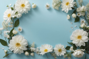 frame of daisies flower light blue background