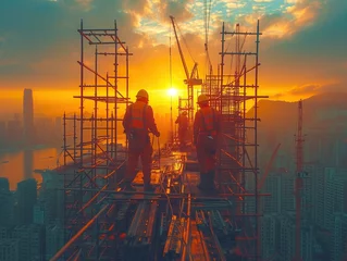 Fotobehang In the ongoing journey of construction, envision a moment where several workers, amidst the clatter, collaborate to set up scaffolding at the construction site, adding a significant chapter to their d © Pattarin