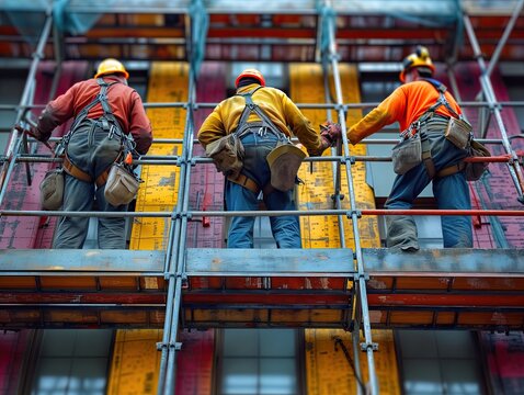 In the ongoing journey of construction, envision a moment where several workers, amidst the clatter, collaborate to set up scaffolding at the construction site, adding a significant chapter to their d