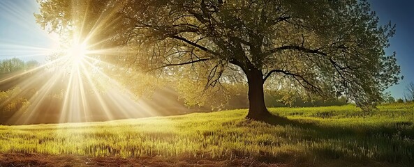 Lone oak tree standing tall in sunlit meadow nature landscape with green grass under summer sky beautiful sunrise countryside park outdoor environment single large tree with fresh organic in field - Powered by Adobe
