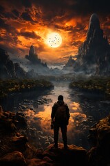 a man stands on a rock and looks at a beautiful landscape, mountains and a valley with a river, a dramatic sky at sunset
