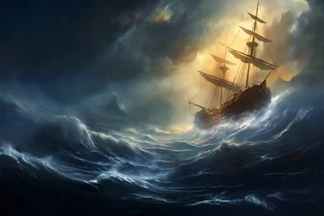 Keuken spatwand met foto the sailboat sails through a stormy sea, a dark dramatic sky with gloomy clouds © soleg