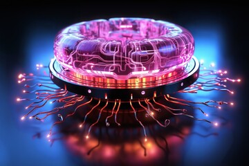 glowing pink artificial intelligence in the form of a cyber brain with backlight on the sides and wired connections, bioluminescence, computer rendering, 3d model of an object, cyber art