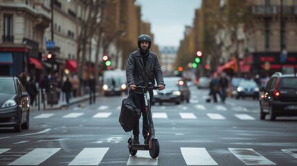 A businessman riding electric scooter on road through city and town to working
