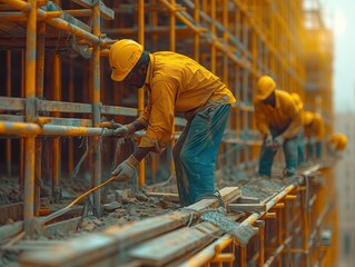 In the ongoing journey of construction, envision a moment where several workers, amidst the clatter, collaborate to set up scaffolding at the construction site, adding a significant chapter to their d