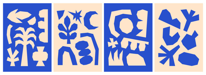 Fototapeta premium Set of abstract modern minimalist blue compositions with irregular geometric shapes. Flat vector illustrations isolated. Naive organic doodle elements collection. Contemporary wall arts.