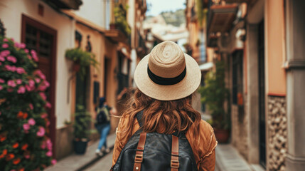 Traveler with Sun Hat Exploring Quaint European Street.A traveler adorned with a stylish sun hat strolls through a charming, narrow European street, surrounded by vibrant flowers and historic architec - obrazy, fototapety, plakaty