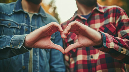 Young loving couple at home making heart shape with hands