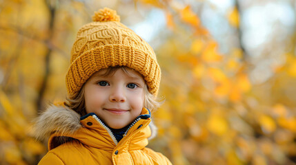 Autumn mood. A boy holds yellow maple leaves in his hands. Autumn portrait of a child in a knitted hat. Sight. Cute smiling boy. Autumn.