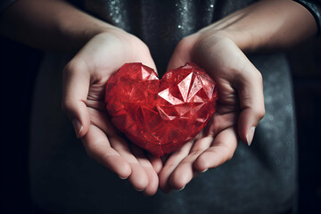 Red heart in the hands of a girl on a dark background. - Powered by Adobe
