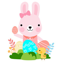 Easter bunny rabbits with baby chicks and Easter eggs, Welcome spring season,