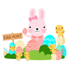 Easter bunny rabbits with baby chicks and Easter eggs, Welcome spring season,