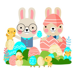 Easter bunny rabbits with baby chicks and Easter eggs, Welcome spring season,