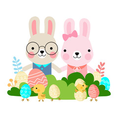 Easter bunny rabbits with baby chicks and Easter eggs, Welcome spring season,