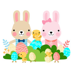 Easter bunny rabbits with baby chicks and Easter eggs, Welcome spring season,