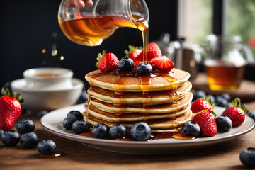 pancakes with berries in the kitchen table - obrazy, fototapety, plakaty