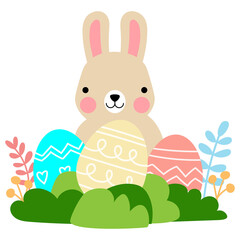 Easter bunny rabbits with baby chicks and Easter eggs, Welcome spring season,