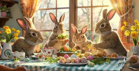 Cute bunnies celebrate Easter in a cozy house