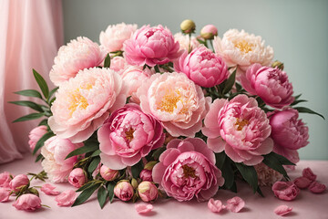 Pink peonies. Florist shop concept. Beautiful freshly cut bouquet. Flower delivery. Flower arrangement, daylight. Wallpaper.