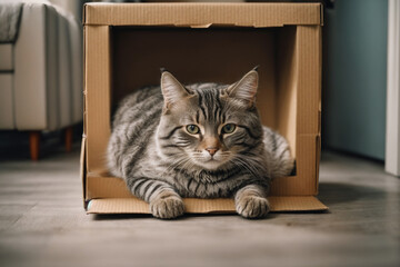 Cat in a cardboard box. A domestic cat sits in a box and looks at the camera.