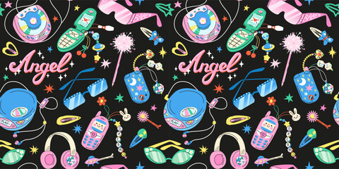 Seamless pattern with Cute cartoon retro 2000s CD players, flip phone, sunglasses. Hand drawn flat vector y2k glamour accessorise in colored doodle style. Background in 00s nostalgic style. - 713196172