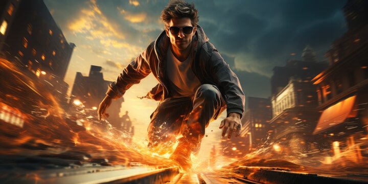 Amidst a fiery sky, a determined man races through a digital world in this action-packed adventure game screenshot, blending action film intensity with stunning cg artwork