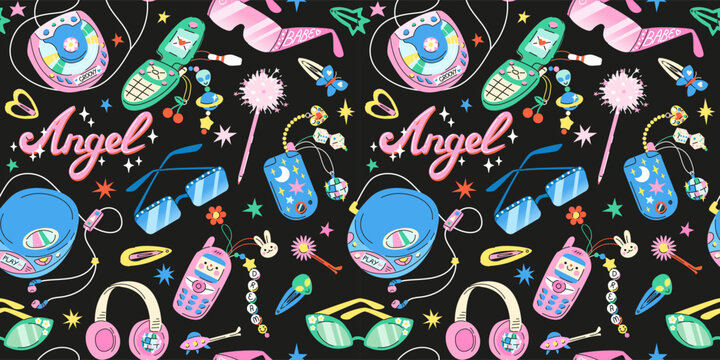 Seamless pattern with Cute cartoon retro 2000s CD players, flip phone, sunglasses. Hand drawn flat vector y2k glamour accessorise in colored doodle style. Background in 00s nostalgic style.