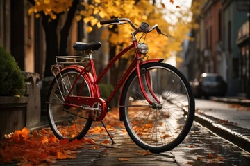 Kussenhoes A vibrant red bicycle stands proudly on the autumn sidewalk, its wheel adorned with colorful leaves, evoking a sense of freedom and adventure in the bustling city streets © Larisa AI