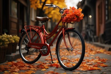 Fototapeta na wymiar Amidst a street lined with fiery autumn trees, a parked bicycle adorned with vibrant orange leaves on its basket awaits its next journey through the changing season