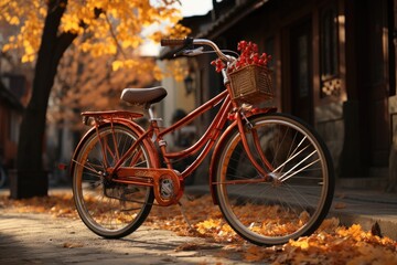 A vintage red bicycle with a basket on the front wheel sits parked on the autumn street, its frame and tires ready for a leisurely outdoor ride through the colorful fall foliage