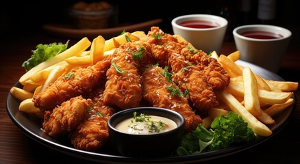 A platter of indulgent fried dishes, complete with crispy chicken fingers and flavorful sauces, serves as the ultimate comfort meal for a cozy night in at a british-style restaurant