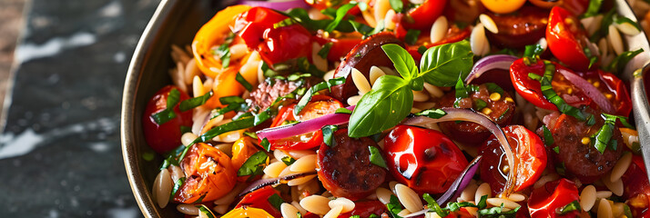 Roasted pepper and chorizo orzo salad includes red peppers, red onion, chorizo, cherry tomatoes, and orzo pasta. - obrazy, fototapety, plakaty