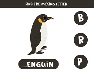 Find missing letter with cartoon emperor penguin. Spelling worksheet.