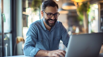 Obraz premium Bearded handsome young businessman sitting in his office, smiling and typing on a laptop computer device keyboard. Wearing glasses and blue shirt. Male person or entrepreneur working, happy at his job
