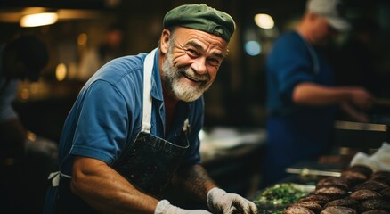 A cheerful man in a green hat and apron serves up delicious street food at the market, bringing joy and flavor to those who pass by with his savory barbecue dishes - obrazy, fototapety, plakaty