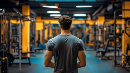 Rearview photography of a muscular and fit male athlete's body standing in a modern gym interior. Young man, fitness model with wide back muscles, wearing a gray t shirt. Indoors workout club