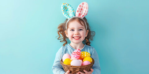 Fototapeta na wymiar Cute girl with bunny ears on her head standing on the blue background with basket full of colourful eggs. Easter concept.
