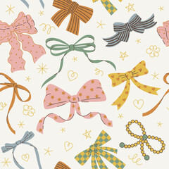Seamless pattern with various cartoon bow knots, gift ribbons. Trendy hair braiding accessory. Hand drawn vector illustration. Valentine's day background. - 713196914