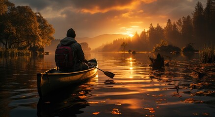 A solitary figure glides through the still waters of a misty lake, the vibrant hues of the sunrise reflecting off the tranquil surface as the trees and clouds blur into a dreamlike backdrop for their
