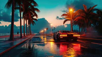 A sports car speeds along the Miami Beach coastline, surrounded by palm trees, exuding a sense of speed.