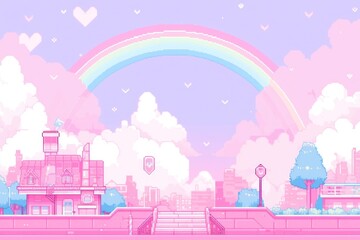 rainbow with sky background in pixel art style.
